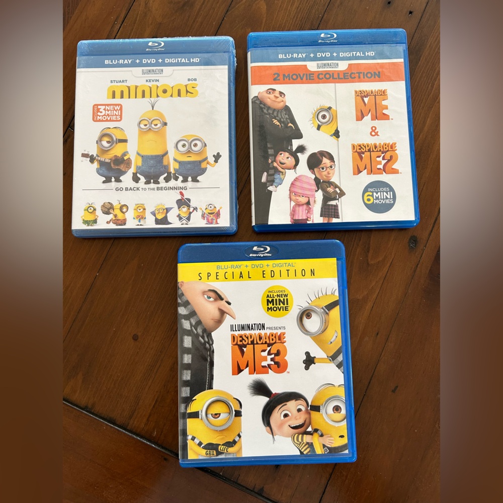 Despicable Me, Despicable Me 2, Despicable Me 3, and Minions Blue Ray & DVD